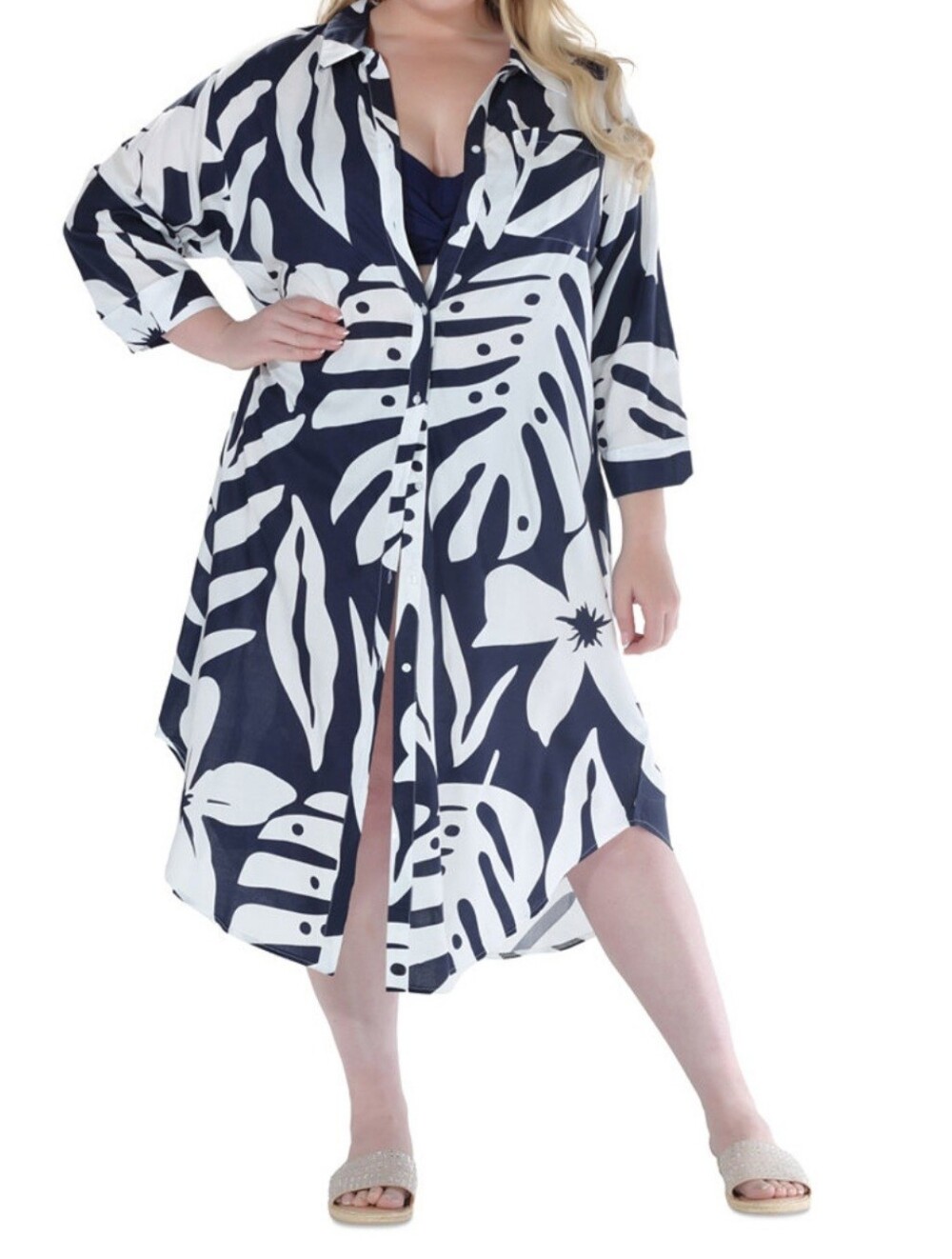 New Raviya Navy & White Botanical Print Button-Down Midi Cover-up, NWT, Sz. 1X